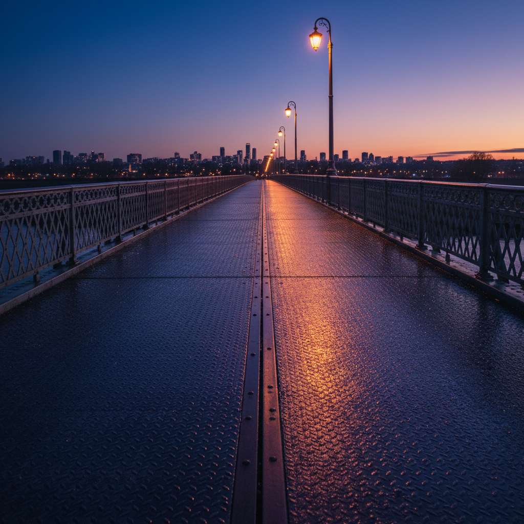 A narrow pedestrian bridge at twilight, empty and perfectly still, stretches from the foreground into a softly lit city in the distance. The left side of the bridge is cast in cool, bluish shadow, while the right side is warmed by golden streetlights, the two tones meeting along the center line. The textured metal railings glisten with a faint trace of recent rain, reflecting specks of orange and blue. Photographic realism with a central, leading-lines composition and deep depth of field. The sky above transitions from indigo to a faint, hopeful glow near the horizon. The atmosphere is introspective and transitional, symbolizing the in-between stage of early sobriety and the path to a different life.