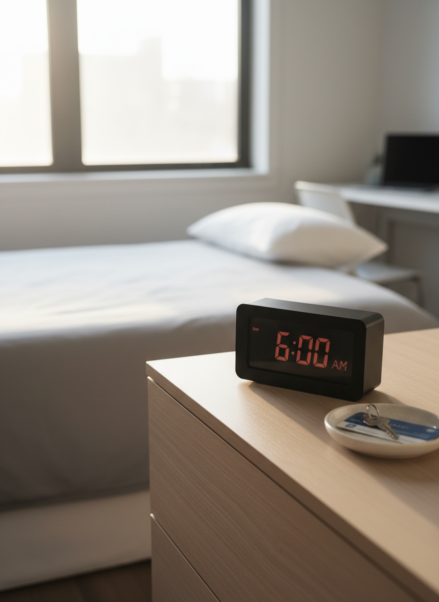 An unmarked, matte-black alarm clock reading 6:00 a.m. sits on a tidy, uncluttered wooden dresser, beside a small ceramic dish holding a single house key and a folded public transit card. Through a nearby window, pale early light diffuses across the room, reflecting gently on the clock’s glass face and creating faint, elongated shadows. The background shows a neatly made bed and a closed laptop atop a minimalist desk, all slightly blurred. Photographic realism with a slightly elevated angle and rule-of-thirds composition. The mood is disciplined yet hopeful, representing the steady routine and structure that supports the first year of sobriety.