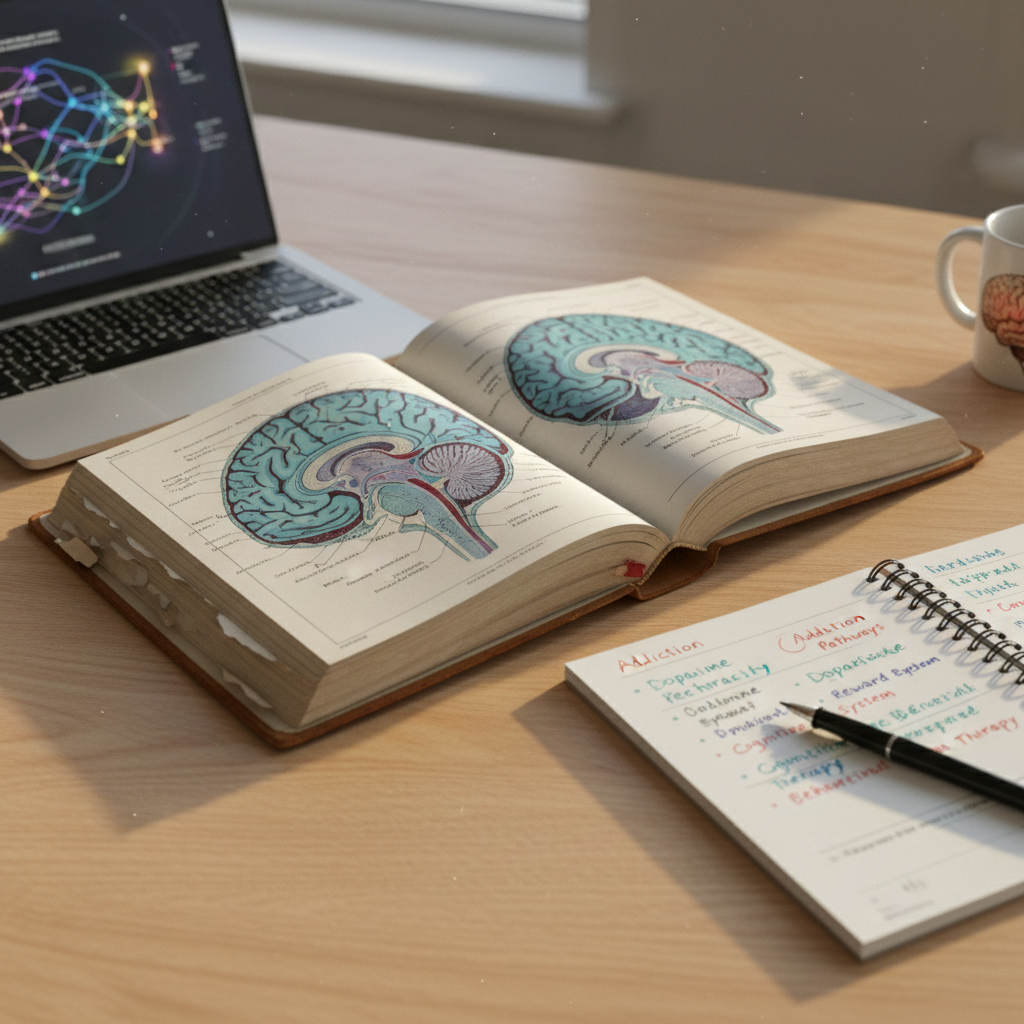 A well-worn, hardcover brain atlas lies open on a spacious, light oak desk, its detailed illustrated cross-section of a human brain in muted blues and reds crisp and readable. Beside it, a spiral notebook is open to a page filled with neatly written, color-coded notes, and a fine-tip pen rests across the margin. A laptop to the side shows a softly glowing, abstract neural network diagram as a screensaver, out of focus. Warm afternoon light from a nearby window washes across the desk, creating gentle highlights on the paper texture and subtle shadows from the pen. Photographic realism, eye-level composition with moderate depth of field. The mood is professional, curious, and analytical, evoking the idea of remapping the addicted brain through learning and reflection.
